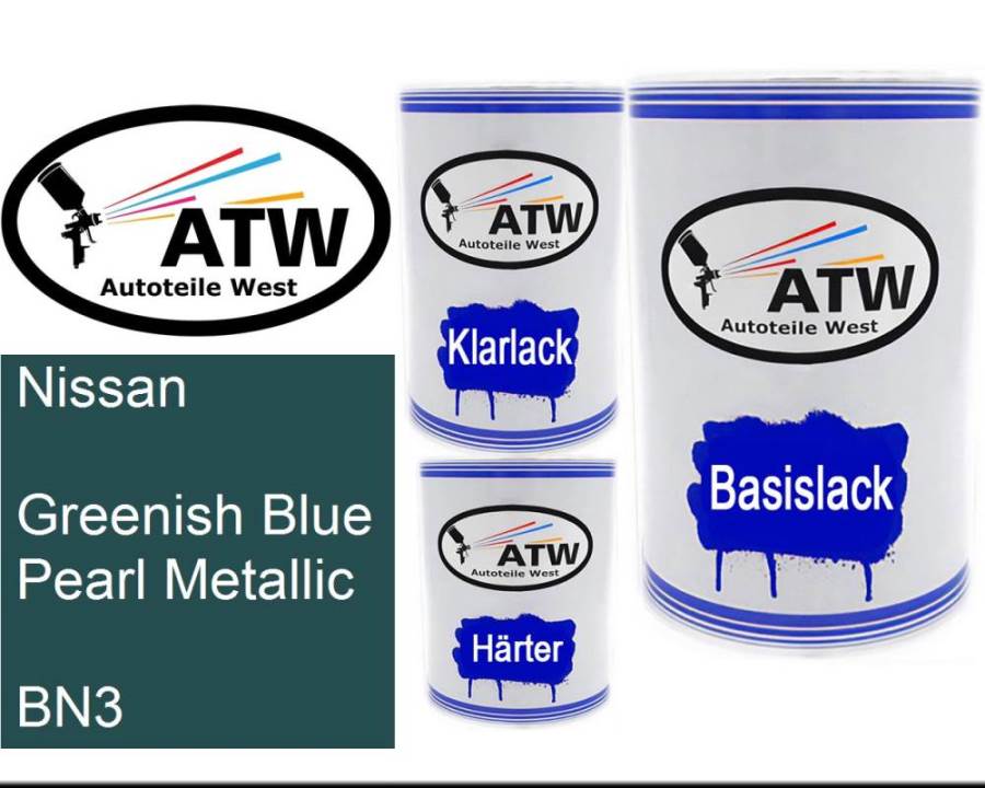 Nissan, Greenish Blue Pearl Metallic, BN3: 500ml Lackdose + 500ml Klarlack + 250ml Härter - Set, von ATW Autoteile West.